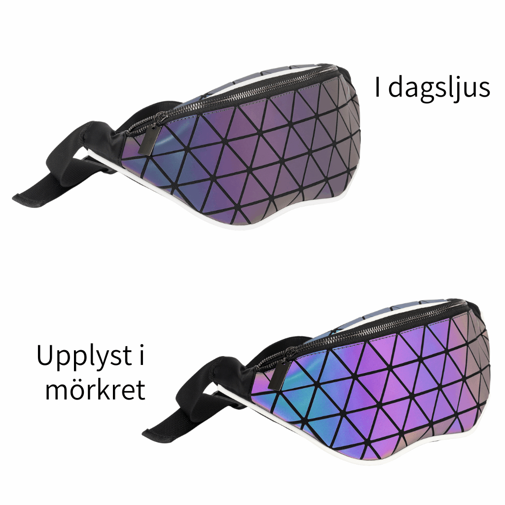 Lumaloom - Wrap midjeväska, mörk, svart och diskret färg i dagsljus och reflex i olika färger när den blir upplyst i mörkret