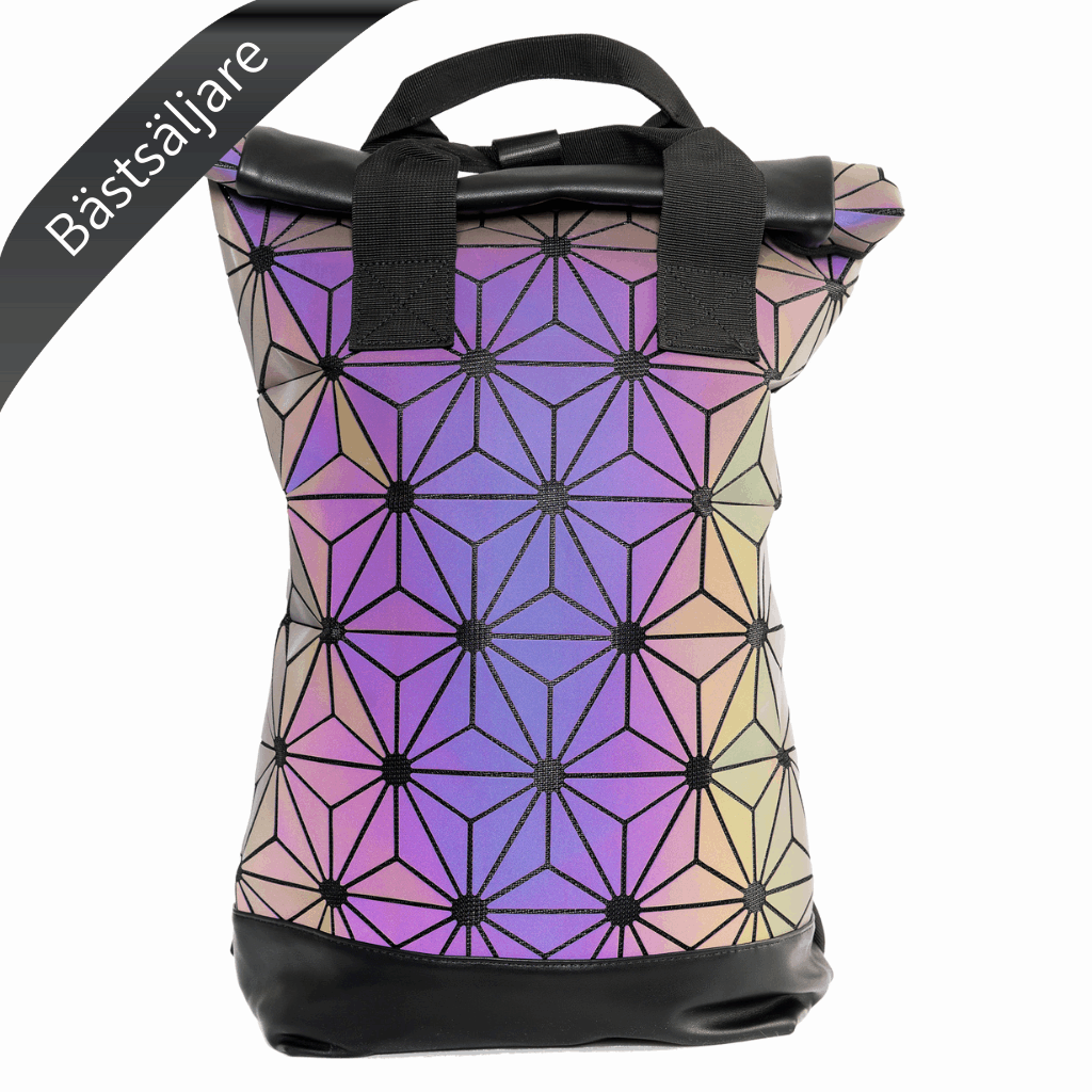 Lumaloom - Rolltop ryggsäck - Bästsäljare. Framifrån med reflex i olika färger. Svart botten, svarta handtag