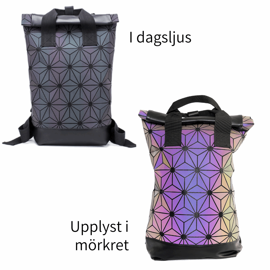 Lumaloom - Rolltop ryggsäck , mörk, svart och diskret färg i dagsljus och reflex i olika färger när den blir upplyst i mörkret